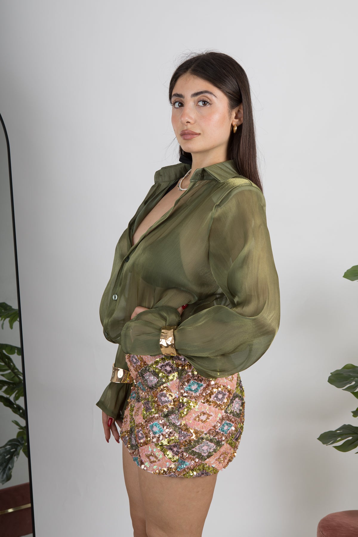 Camicia satin verde oliva