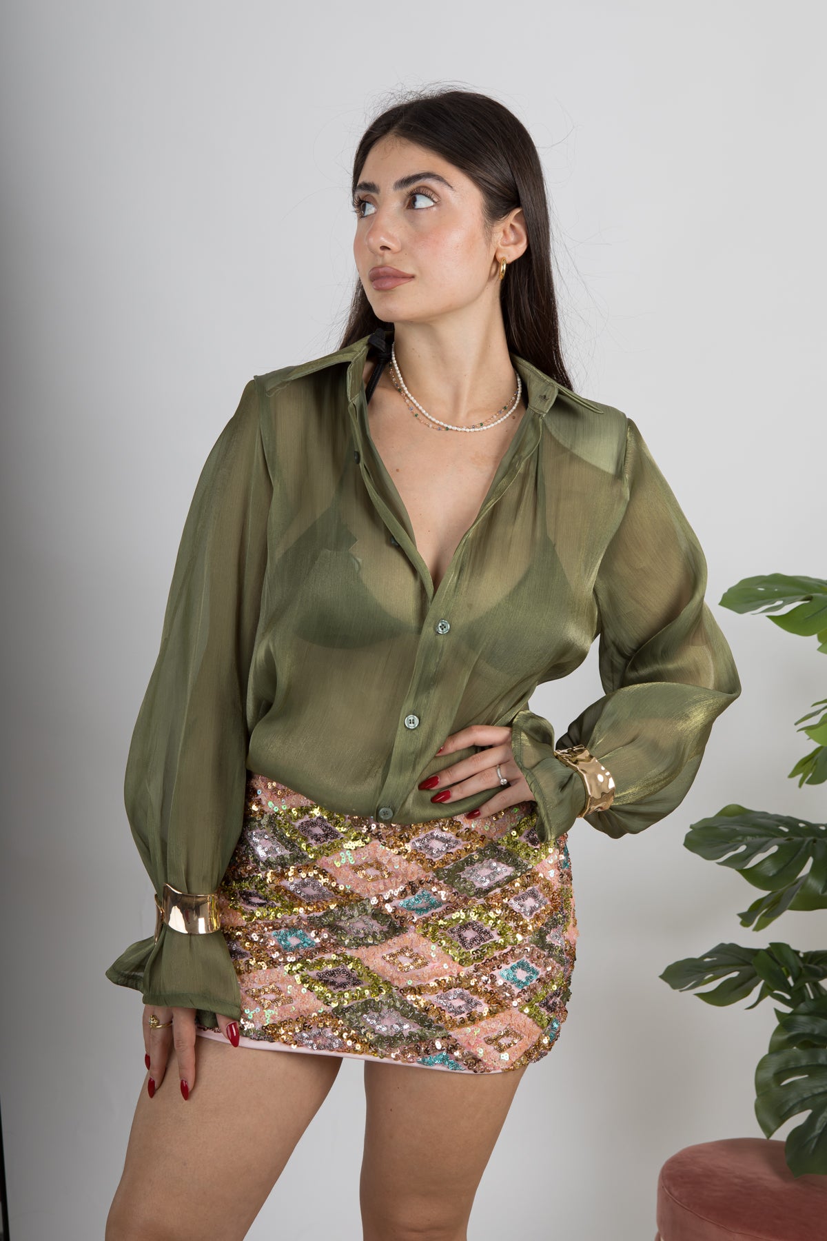 Camicia satin verde oliva